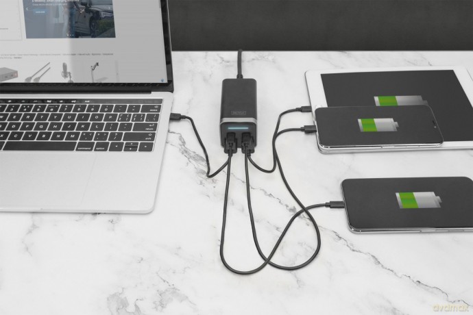 Ładowarka sieciowa uniwersalna, zasilacz GaN, 4 porty 2x USB-C 2x USB-A PD 3.0 65W Czarna