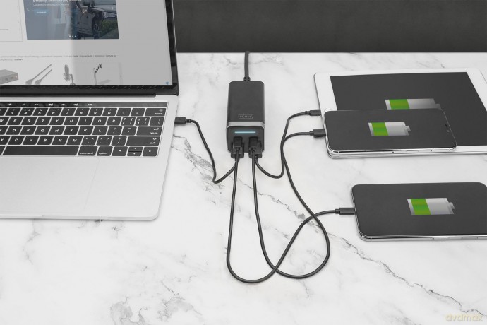Ładowarka sieciowa uniwersalna, zasilacz GaN, 4 porty 2x USB-C 2x USB-A PD 3.0 65W Czarna