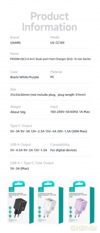 Ładowarka sieciowa USB-C+ USB-A PD 3.0 30W Fast