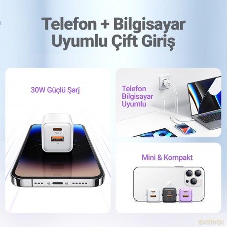 Ładowarka sieciowa USB-C+USB-A PD 3.0 30W Fast