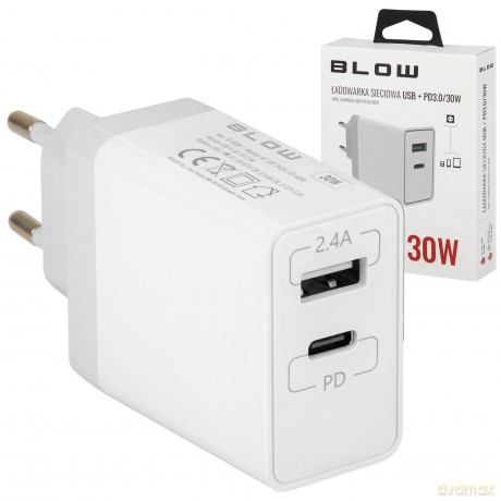 Ładowarka sieciowa z gniazdem USB+USB-C 30W
