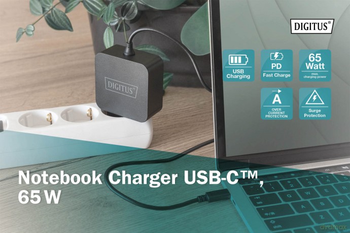 Ładowarka sieciowa zasilacz 1x USB-C PD 3.0 max. 65W zintegrowany kabel 1,2m Czarna