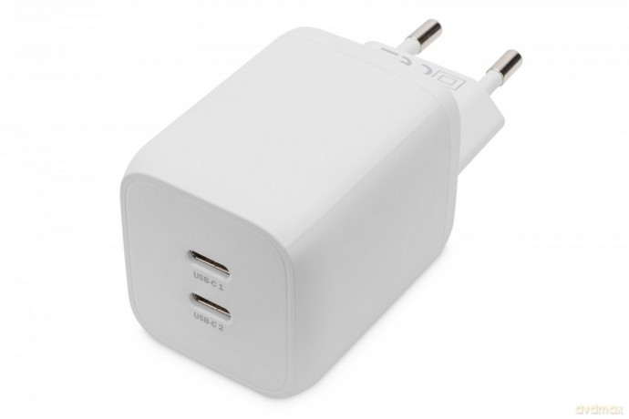 Ładowarka sieciowa, zasilacz GaN 2x USB-C PD 3.0 max. 65W, biała