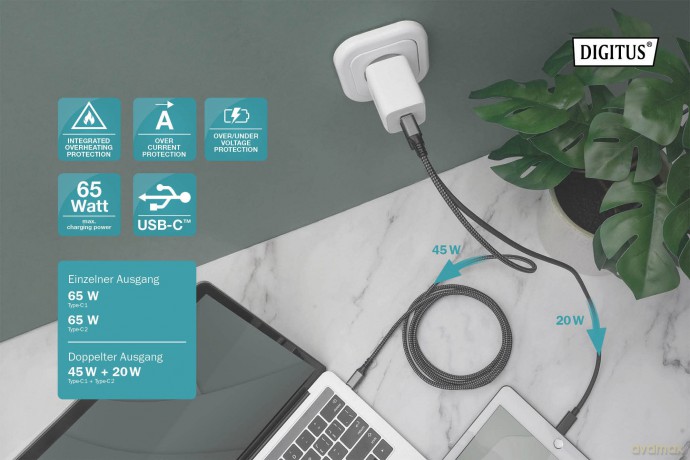 Ładowarka sieciowa, zasilacz GaN 2x USB-C PD 3.0 max. 65W, biała
