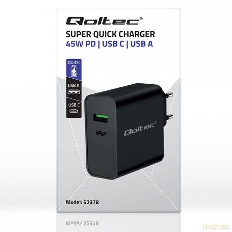 Ładowarka Super Quick PD | 1xUSB-C | 1xUSB | 45W | 5-20V | 2.25-3A | Czarna