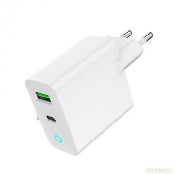 Ładowarka USB-A USB-C LED 20W PD QC3.0 biała