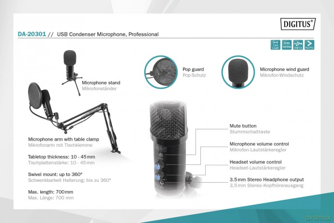 Mikrofon pojemnościowy USB, metalowy, ramię z gwintem 3/8 cala, pop filtr, z kablem USB 1,5m, Czarny