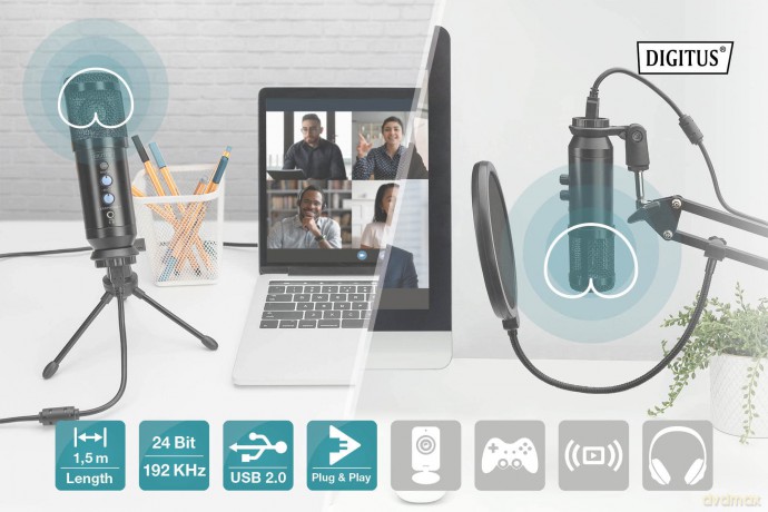 Mikrofon pojemnościowy USB, metalowy, ramię z gwintem 3/8 cala, pop filtr, z kablem USB 1,5m, Czarny