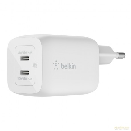 Podwójna ładowarka ścienna USB-C GaN z PPS 65 W Biała