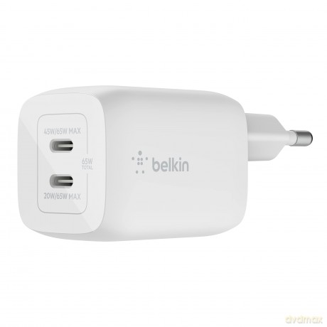 Podwójna ładowarka ścienna USB-C GaN z PPS 65 W Biała