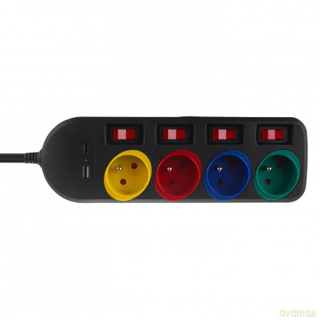 Przedłużacz 1,5m 250VAC 10A 4 gniazda MCE508 B Port USB-C Quick charge 2.0 IP20