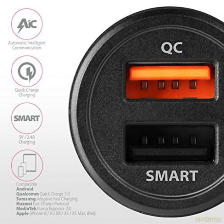 PWC-QC5 Ładowarka samochodowa QUICK SMART 31.5W, 2x port QC3.0/AFC/FCP + 5V-2.6A