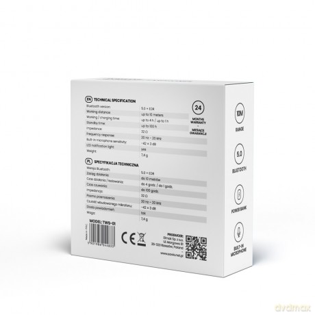Słuchawki bezprzewodowe Savio TWS-01 BT 5.0 z mikrofonem i power bankiem