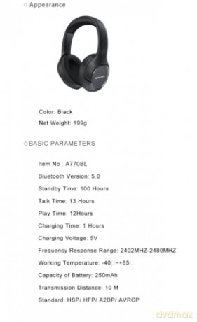 Słuchawki nauszne Bluetooth A770BL Czarne