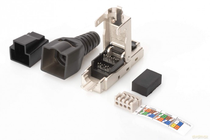 Wtyk modularny RJ45 kat.6A, PoE+, 10GbE, STP, ekranowany, metalowy, beznarzędziowy, AWG 27-22, zaślepka