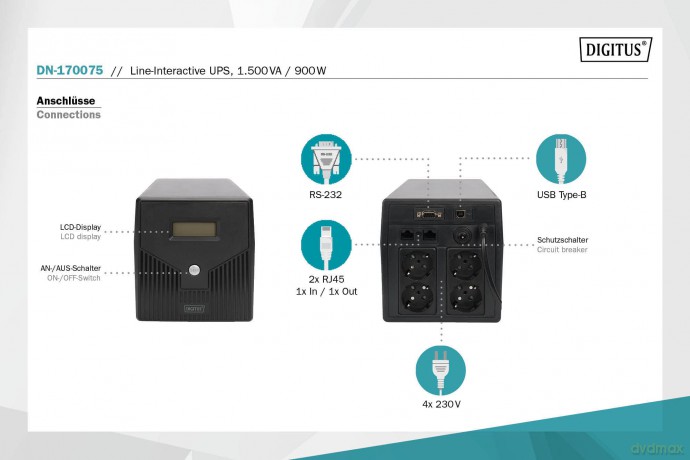 Zasilacz awaryjny UPS Line-Ineractive LCD, 1500VA/900W, 2x12V/9Ah, AVR, 4xSCHUKO, USB, RS232, RJ45