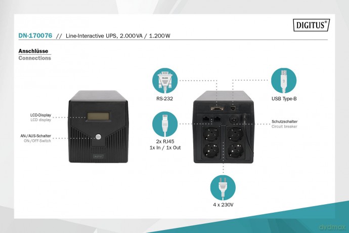 Zasilacz awaryjny UPS Line-Ineractive LCD, 2000VA/1200W, 2x12V/9Ah, AVR, 4xSCHUKO, USB, RS232, RJ45