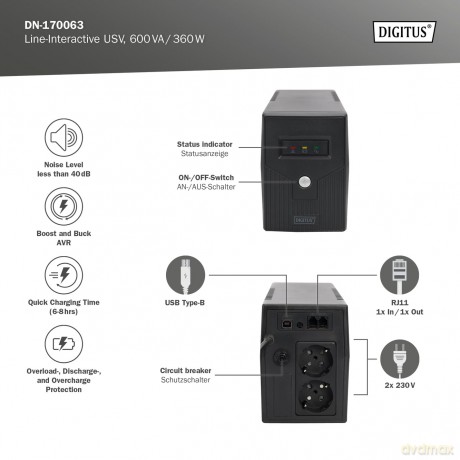 Zasilacz awaryjny UPS Line-Ineractive LED, 600VA/360W, 1x12V/7Ah, AVR, 2xSCHUKO, USB, RJ11