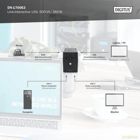 Zasilacz awaryjny UPS Line-Ineractive LED, 600VA/360W, 1x12V/7Ah, AVR, 2xSCHUKO, USB, RJ11