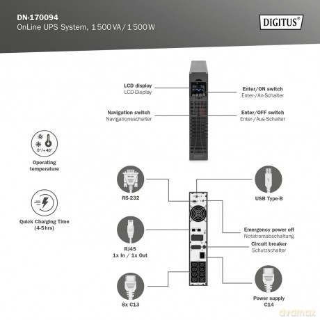 Zasilacz awaryjny UPS Online Rack 19" LCD, 1500VA/1500W, 3x12V/9Ah, 8xC13, USB, RS232, RJ45