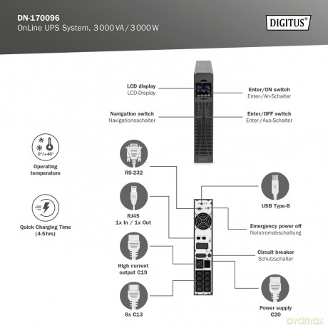 Zasilacz awaryjny UPS Online Rack 19" LCD, 3000VA/3000W, 6x12V/9Ah, 8xC13, 1xC19, USB, RS232, RJ45