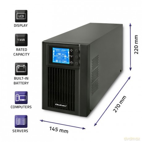 Zasilacz awaryjny UPS, on-line, czysta fala sinusoidalna, 1KVA, 800W, LCD, USB