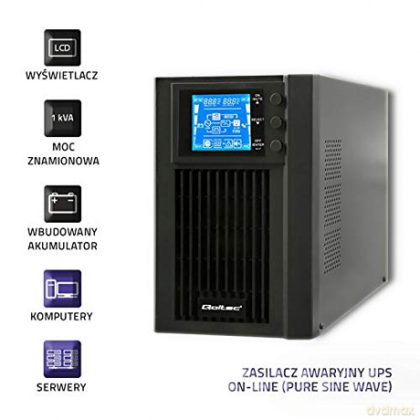Zasilacz awaryjny UPS, on-line, czysta fala sinusoidalna, 1KVA, 800W, LCD, USB