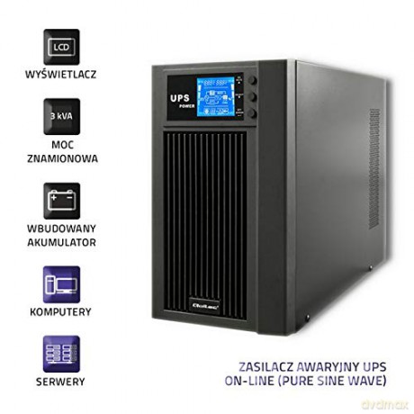 Zasilacz awaryjny UPS, on-line, czysta fala sinusoidalna, 3KVA, 2.4W, LCD, USB
