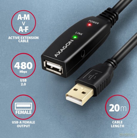 ADR-220 USB 2.0 A-M -> A-F aktywny kabel przedłużacz/wzmacniacz 20m [KABEL]