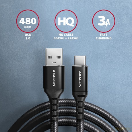 BUCM-AM20AB Kabel USB-C - USB-A, 2m, USB 2.0, 3A, ALU, oplot, Czarny [KABEL]