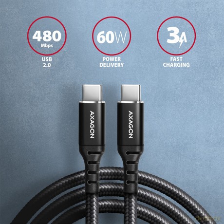 BUCM-CM20AB Kabel USB-C - USB-C 2.0, 2m, PD 60W, 3A, ALU, oplot Czarny [KABEL]
