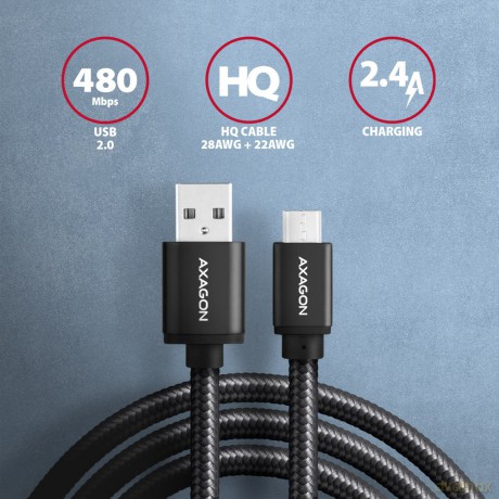 BUMM-AM20AB Kabel MicroUSB - USB A, 2m, USB 2.0, 2.4A, ALU, oplot Czarny [KABEL]
