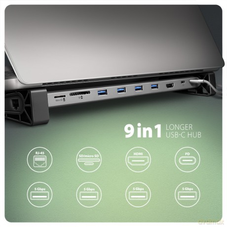 HMC-10HLS Wieloportowy hub USB 5Gbps 4x USB-A, HDMI 4K/60Hz, RJ-45, SD/microSD, PD 100W, 25cm USB-C kabel [KABEL]