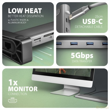 HMC-10HLS Wieloportowy hub USB 5Gbps 4x USB-A, HDMI 4K/60Hz, RJ-45, SD/microSD, PD 100W, 25cm USB-C kabel [KABEL]