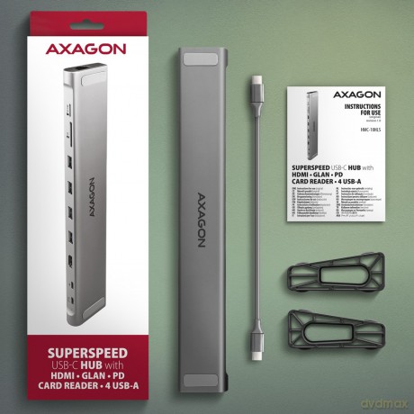HMC-10HLS Wieloportowy hub USB 5Gbps 4x USB-A, HDMI 4K/60Hz, RJ-45, SD/microSD, PD 100W, 25cm USB-C kabel [KABEL]