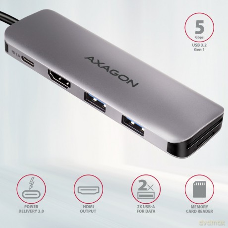 HMC-5 Wieloportowy hub 2x USB-A, HDMI, SD/microSD, USB 3.2 Gen 1, PD 100W, 20cm USB-C kabel [KABEL]