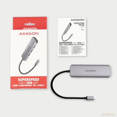 HMC-5 Wieloportowy hub 2x USB-A, HDMI, SD/microSD, USB 3.2 Gen 1, PD 100W, 20cm USB-C kabel [KABEL]