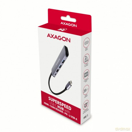 HMC-5 Wieloportowy hub 2x USB-A, HDMI, SD/microSD, USB 3.2 Gen 1, PD 100W, 20cm USB-C kabel [KABEL]
