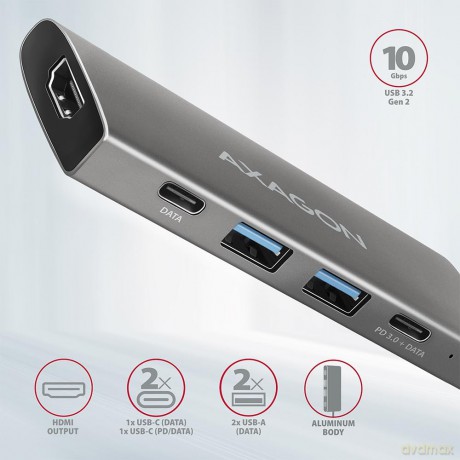 HMC-5G2 Wieloportowy hub 2x USB-A + 2x USB-C + HDMI, USB-C 3.2 Gen 2 10Gbps, PD 60W, 13cm USB-C kabel [KABEL]