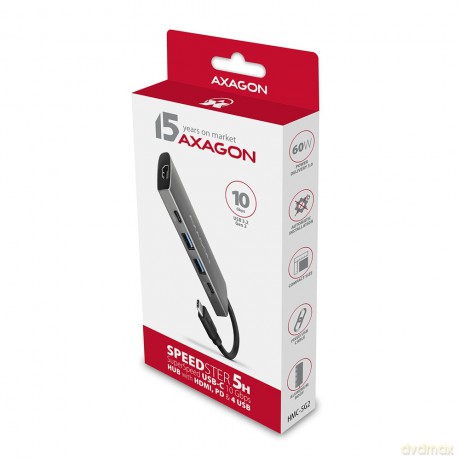 HMC-5G2 Wieloportowy hub 2x USB-A + 2x USB-C + HDMI, USB-C 3.2 Gen 2 10Gbps, PD 60W, 13cm USB-C kabel [KABEL]