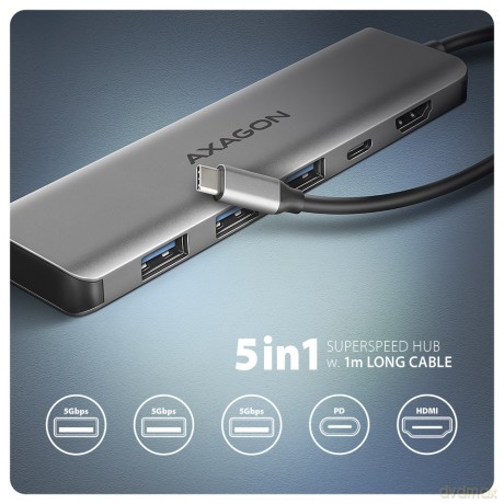 HMC-5H Wieloportowy hub USB-C 3.2 Gen 1, 3x USB-A, 4K HDMI, PD 100W, 100cm USB-C kabel [KABEL]