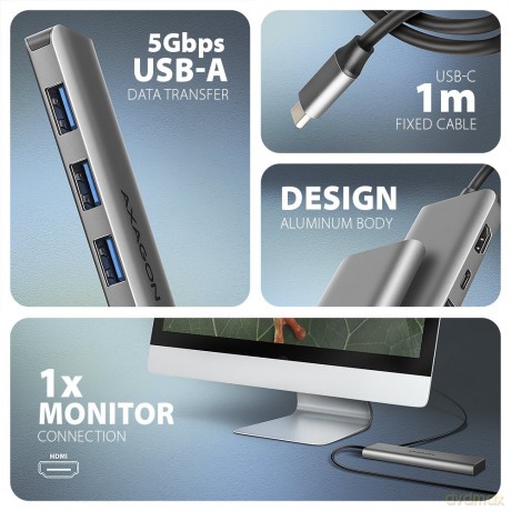HMC-5H Wieloportowy hub USB-C 3.2 Gen 1, 3x USB-A, 4K HDMI, PD 100W, 100cm USB-C kabel [KABEL]