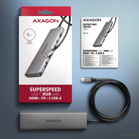 HMC-5H Wieloportowy hub USB-C 3.2 Gen 1, 3x USB-A, 4K HDMI, PD 100W, 100cm USB-C kabel [KABEL]