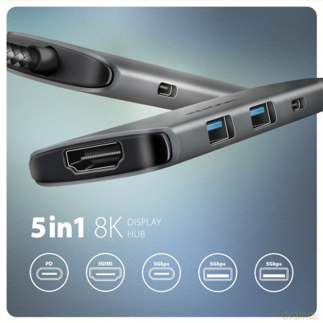 HMC-5H8K Wieloportowy hub 2x USB-A, 1x USB-C, 8K HDMI, USB 3.2 Gen 1 hub, PD 100W, 15cm USB-C kabel [KABEL]