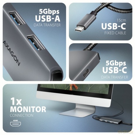 HMC-5H8K Wieloportowy hub 2x USB-A, 1x USB-C, 8K HDMI, USB 3.2 Gen 1 hub, PD 100W, 15cm USB-C kabel [KABEL]