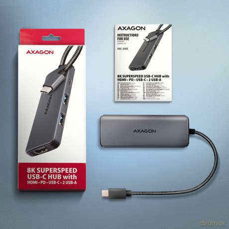 HMC-5H8K Wieloportowy hub 2x USB-A, 1x USB-C, 8K HDMI, USB 3.2 Gen 1 hub, PD 100W, 15cm USB-C kabel [KABEL]