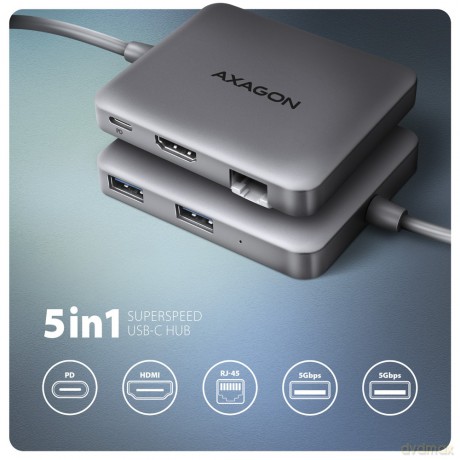HMC-5HL Wieloportowy hub 2x USB-A, 4K HDMI, GLAN, USB 3.2 Gen 1, PD 100W, 15cm USB-C kabel [KABEL]