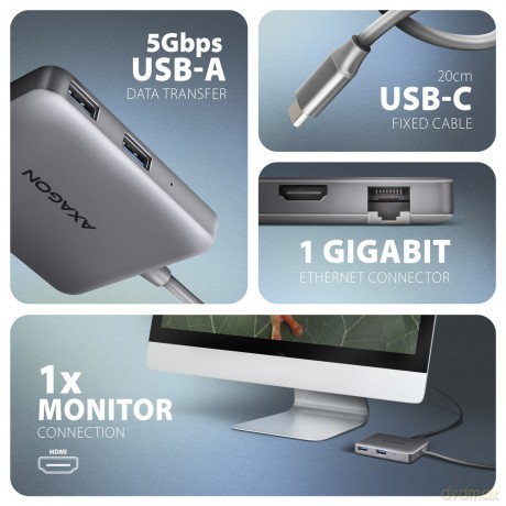 HMC-5HL Wieloportowy hub 2x USB-A, 4K HDMI, GLAN, USB 3.2 Gen 1, PD 100W, 15cm USB-C kabel [KABEL]