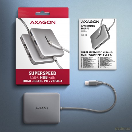HMC-5HL Wieloportowy hub 2x USB-A, 4K HDMI, GLAN, USB 3.2 Gen 1, PD 100W, 15cm USB-C kabel [KABEL]