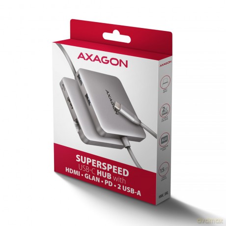 HMC-5HL Wieloportowy hub 2x USB-A, 4K HDMI, GLAN, USB 3.2 Gen 1, PD 100W, 15cm USB-C kabel [KABEL]
